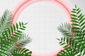 Red neon circle on white rectangular tile with tropical leaves. Mockup for fashion or advertising poster with neon round frame